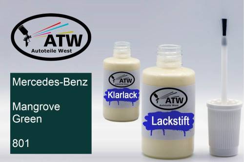 Mercedes-Benz, Mangrove Green, 801: 20ml Lackstift + 20ml Klarlack - Set, von ATW Autoteile West.